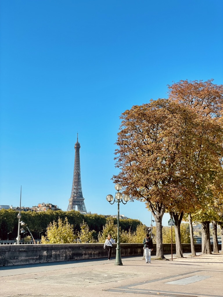 The Eiffel Tower in Paris seen through autumn trees, an iconic destination featured in Travellé's European journeys.